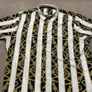 Stylish Black and White Striped Men's Shirt with Gold Chain Design
